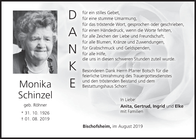  Traueranzeige für Monika Schinzel vom 10.08.2019 aus MGO