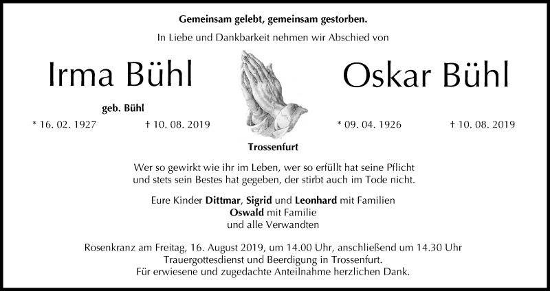  Traueranzeige für Oskar Bühl vom 12.08.2019 aus MGO