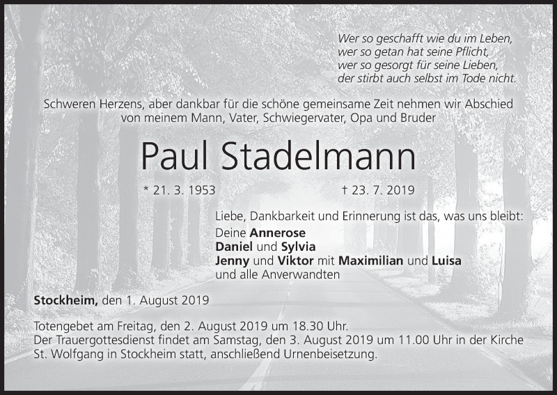  Traueranzeige für Paul Stadelmann vom 01.08.2019 aus MGO