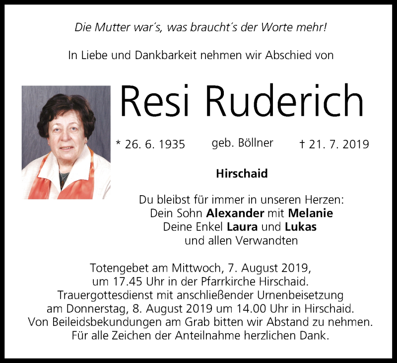  Traueranzeige für Resi Ruderich vom 03.08.2019 aus MGO