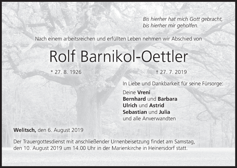  Traueranzeige für Rolf Barnikol-Oettler vom 06.08.2019 aus MGO