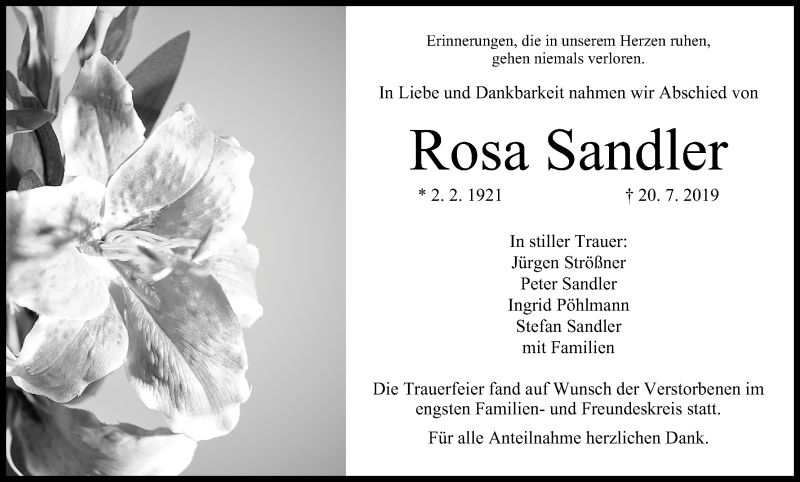  Traueranzeige für Rosa Sandler vom 03.08.2019 aus MGO