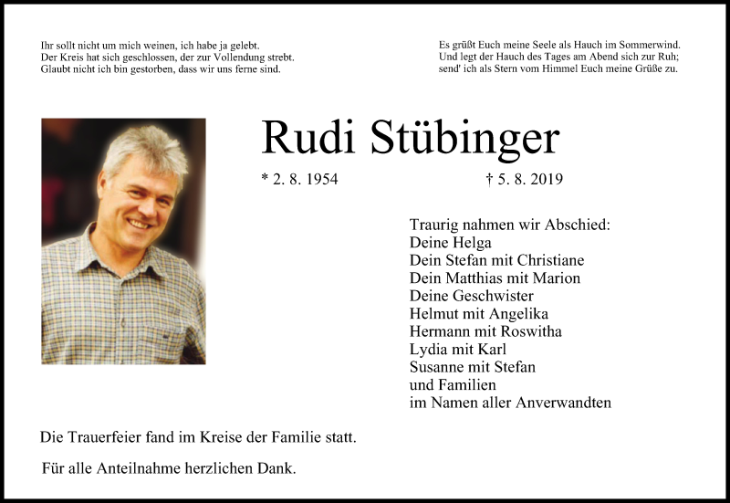  Traueranzeige für Rudi Stübinger vom 17.08.2019 aus MGO