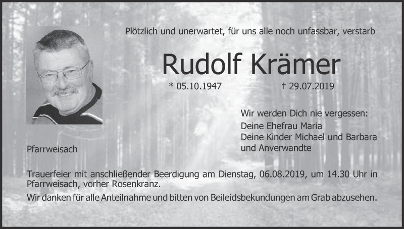  Traueranzeige für Rudolf Krämer vom 02.08.2019 aus MGO
