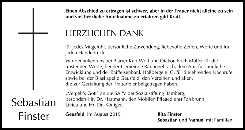  Traueranzeige für Sebastian Finster vom 03.08.2019 aus MGO