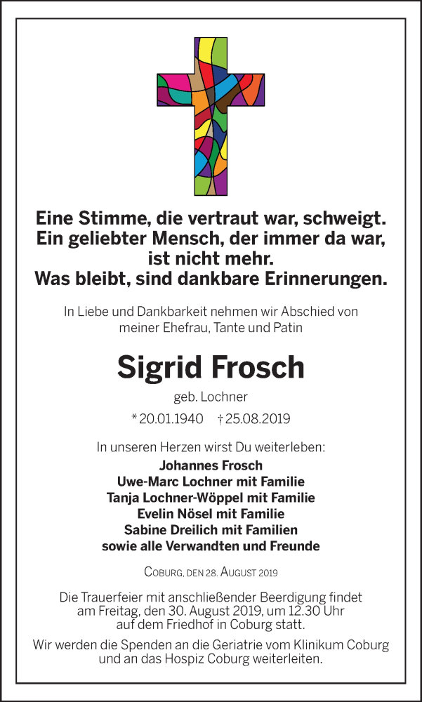  Traueranzeige für Sigrid Frosch vom 28.08.2019 aus MGO