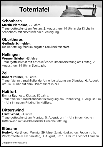 Anzeige von Totentafel vom 01.08.2019 von MGO