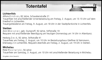 Anzeige von Totentafel vom 01.08.2019 von MGO