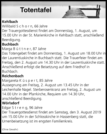 Anzeige von Totentafel vom 01.08.2019 von MGO