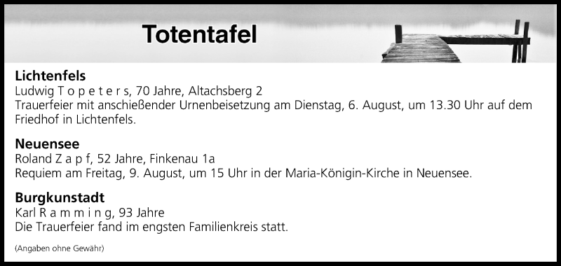  Traueranzeige für Totentafel vom 03.08.2019 vom 03.08.2019 aus MGO