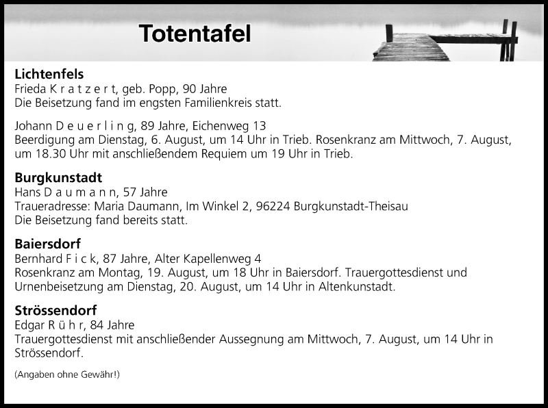  Traueranzeige für Totentafel vom 06.08.2019 vom 06.08.2019 aus MGO