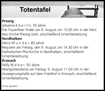 Anzeige von Totentafel vom 08.08.2019 von MGO