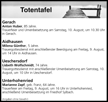 Anzeige von Totentafel vom 08.08.2019 von MGO