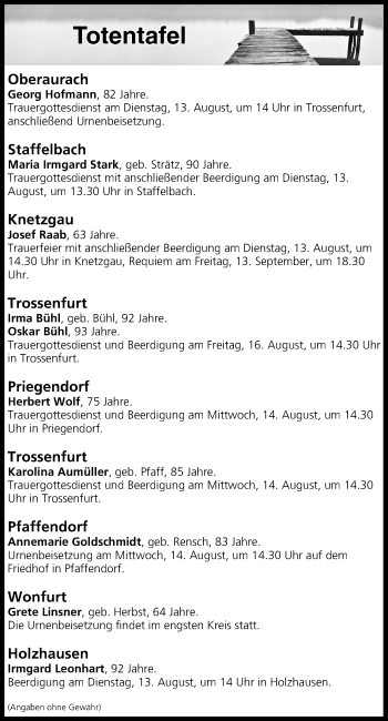 Anzeige von Totentafel vom 13.08.2019 von MGO