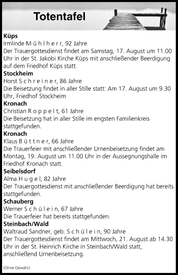 Anzeige von Totentafel vom 17.08.2019 von MGO