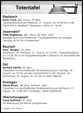 Anzeige von Totentafel vom 20.08.2019 von MGO