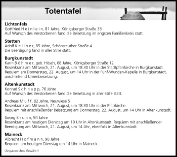 Anzeige von Totentafel vom 20.08.2019 von MGO