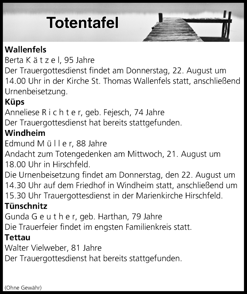  Traueranzeige für Totentafel vom 21.08.2019 vom 21.08.2019 aus MGO