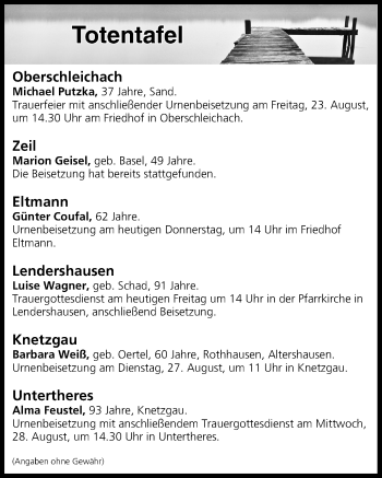 Anzeige von Totentafel vom 22.08.2019 von MGO