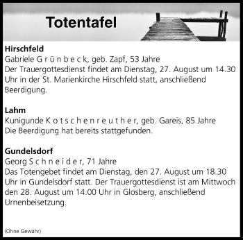 Anzeige von Totentafel vom 27.08.2019 von MGO
