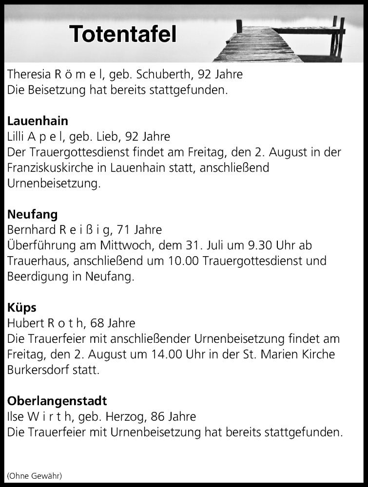  Traueranzeige für Totentafel vom 31.07.2019 vom 31.07.2019 aus MGO