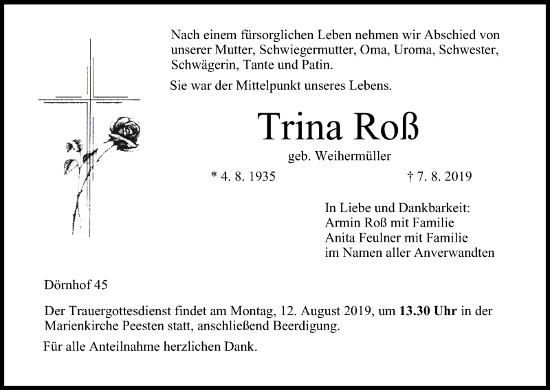  Traueranzeige für Trina Roß vom 10.08.2019 aus MGO