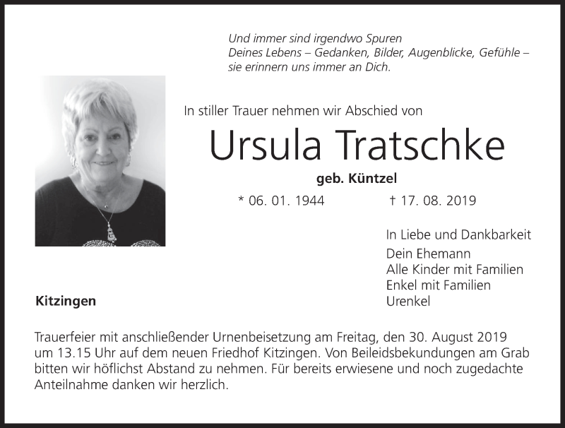  Traueranzeige für Ursula Tratschke vom 28.08.2019 aus MGO