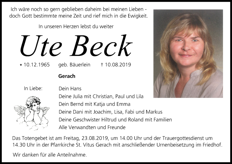  Traueranzeige für Ute Beck vom 20.08.2019 aus MGO
