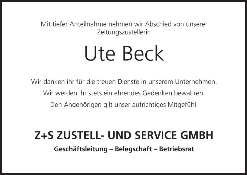  Traueranzeige für Ute Beck vom 17.08.2019 aus MGO
