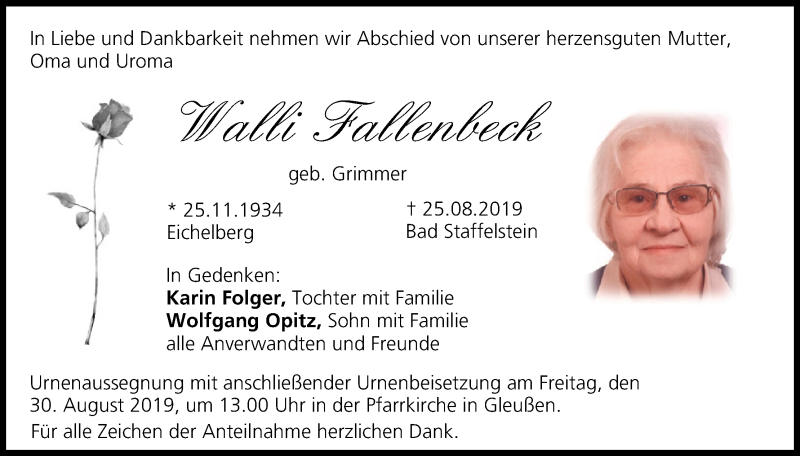  Traueranzeige für Walli Fallenbeck vom 29.08.2019 aus MGO