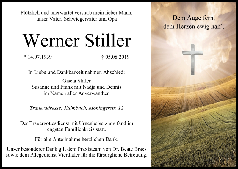  Traueranzeige für Werner Stiller vom 29.08.2019 aus MGO