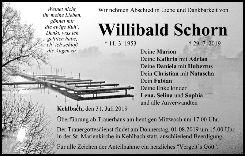  Traueranzeige für Willibald Schorn vom 31.07.2019 aus MGO
