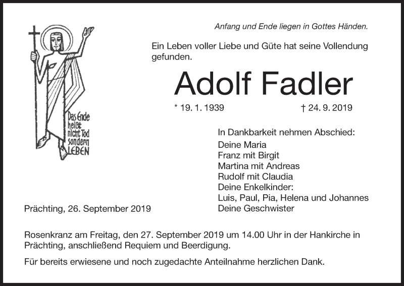  Traueranzeige für Adolf Fadler vom 26.09.2019 aus MGO