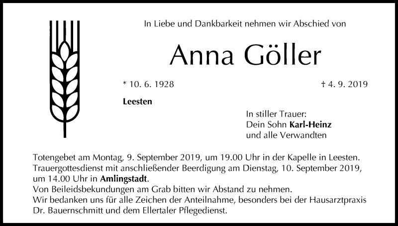  Traueranzeige für Anna Göller vom 07.09.2019 aus MGO