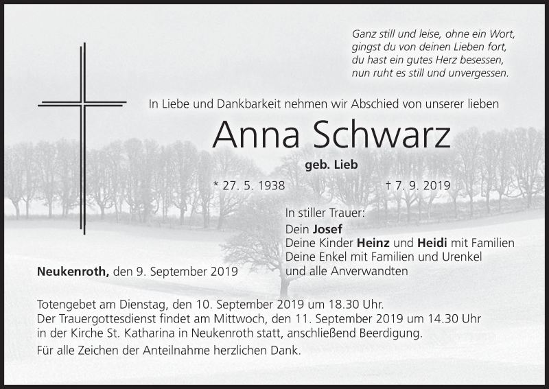  Traueranzeige für Anna Schwarz vom 09.09.2019 aus MGO