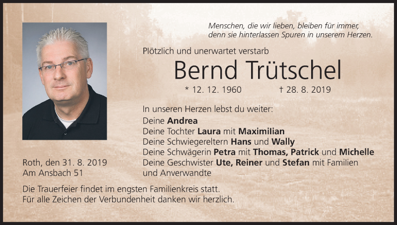  Traueranzeige für Bernd Trütschel vom 31.08.2019 aus MGO