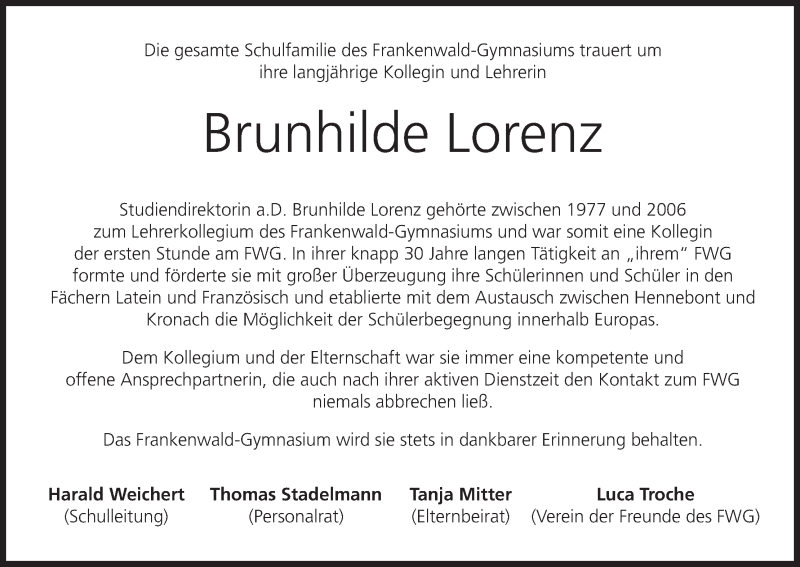  Traueranzeige für Brunhilde Lorenz vom 25.09.2019 aus MGO