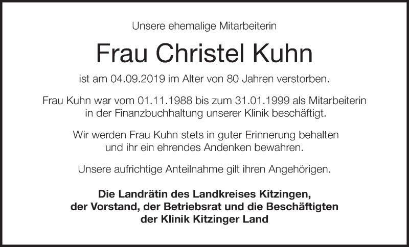  Traueranzeige für Christel Kuhn vom 26.09.2019 aus MGO