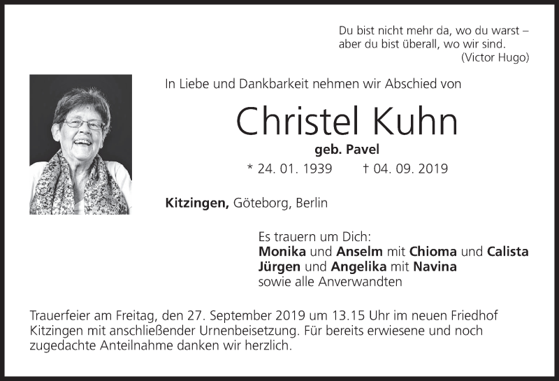  Traueranzeige für Christel Kuhn vom 24.09.2019 aus MGO