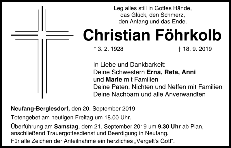  Traueranzeige für Christian Föhrkolb vom 20.09.2019 aus MGO