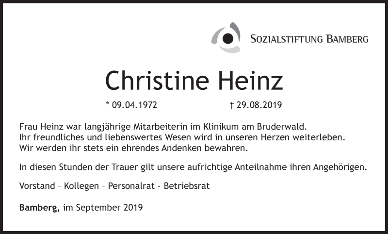  Traueranzeige für Christine Heinz vom 14.09.2019 aus MGO