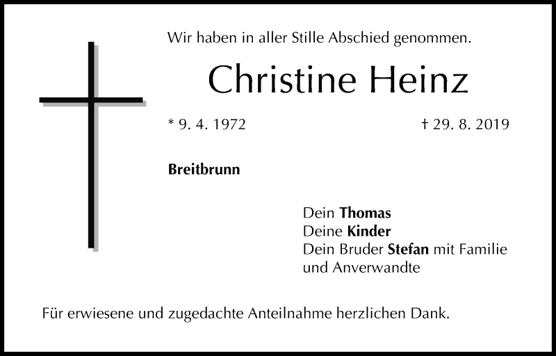  Traueranzeige für Christine Heinz vom 14.09.2019 aus MGO
