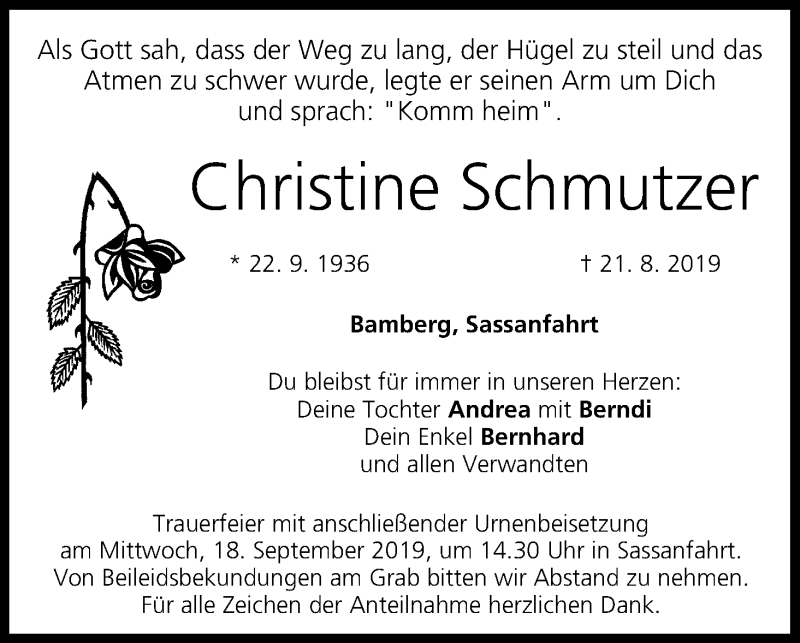  Traueranzeige für Christine Schmutzer vom 14.09.2019 aus MGO
