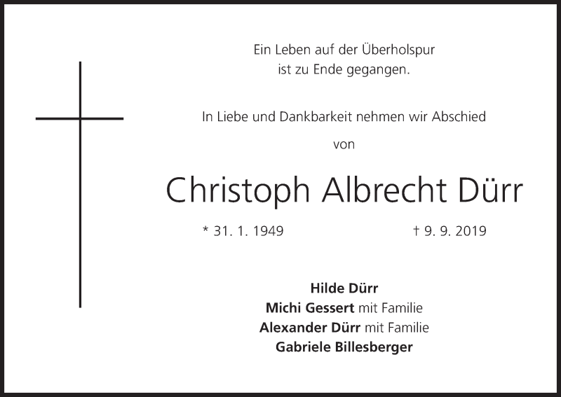  Traueranzeige für Christoph Albrecht Dürr vom 14.09.2019 aus MGO