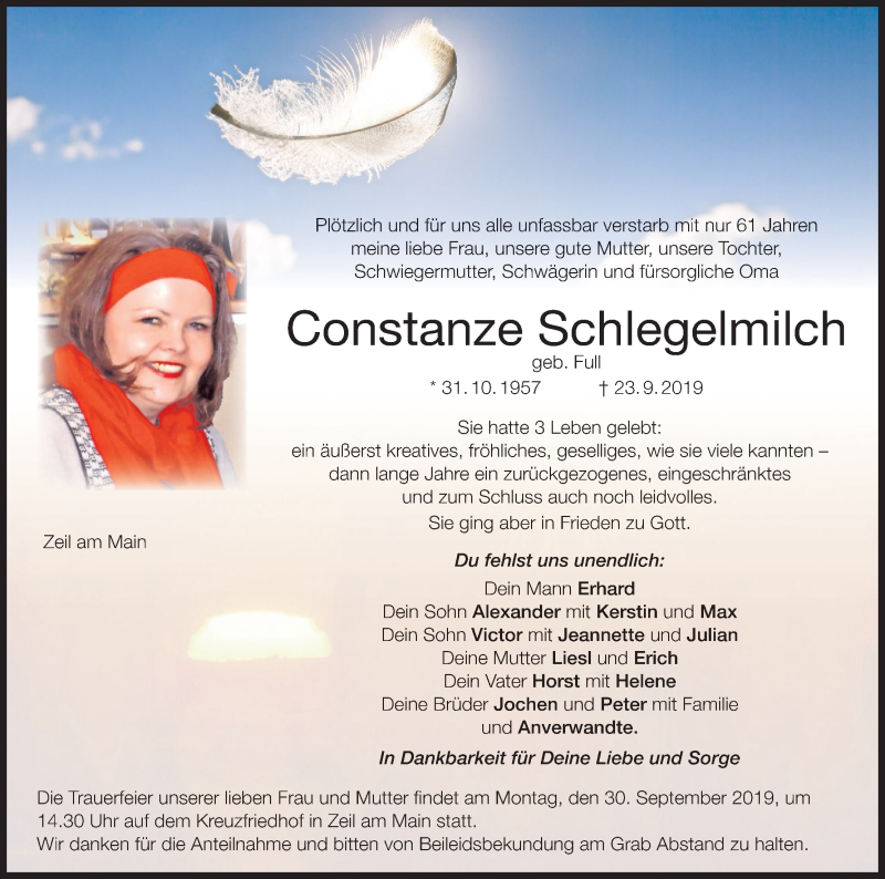  Traueranzeige für Constanze Schlegelmilch vom 28.09.2019 aus MGO
