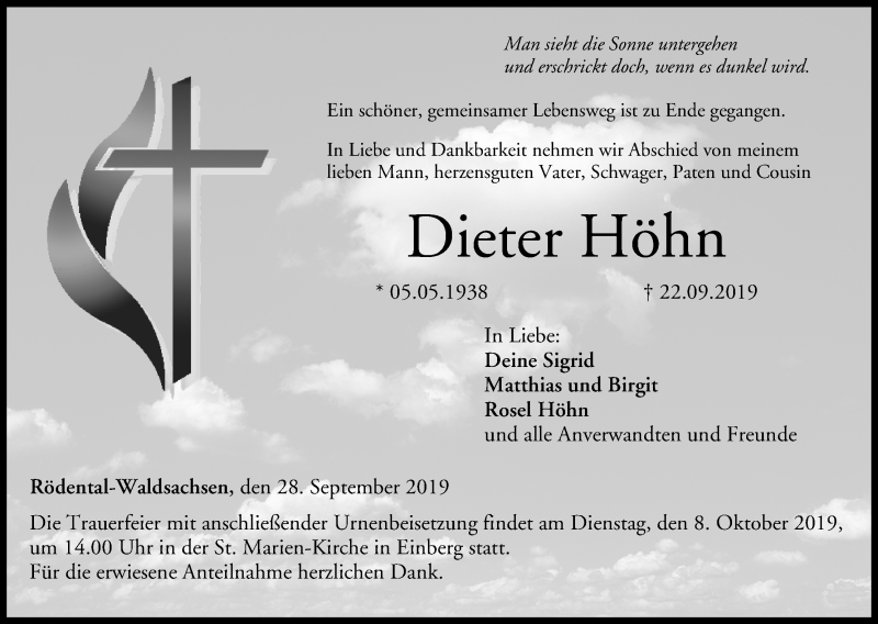  Traueranzeige für Dieter Höhn vom 28.09.2019 aus MGO