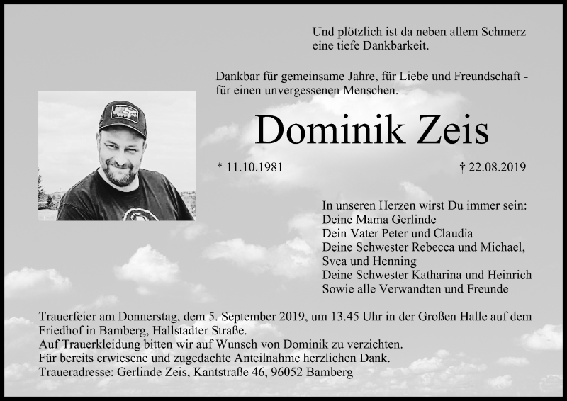  Traueranzeige für Dominik Zeis vom 03.09.2019 aus MGO