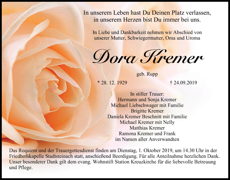  Traueranzeige für Dora Kremer vom 28.09.2019 aus MGO