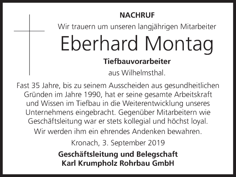  Traueranzeige für Eberhard Montag vom 04.09.2019 aus MGO