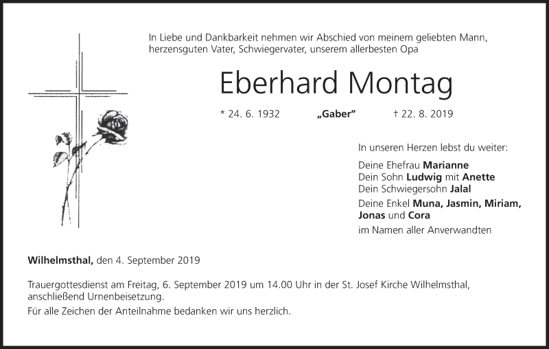  Traueranzeige für Eberhard Montag vom 04.09.2019 aus MGO
